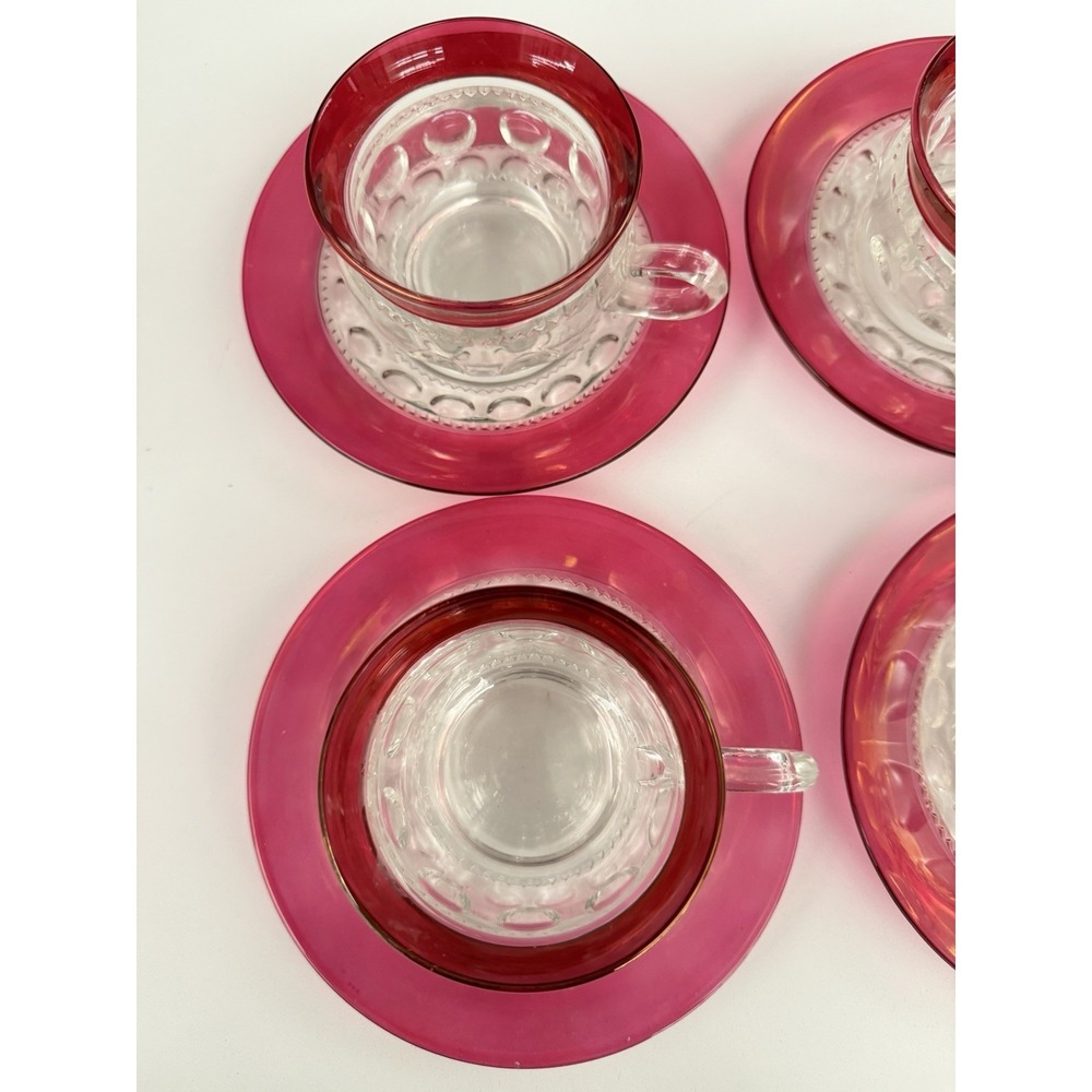 Indiana Glass Kings Crown Cranberry Thumbprint 8 pcs. Tea cups Saucers (4 Sets) - Picture 2 of 7